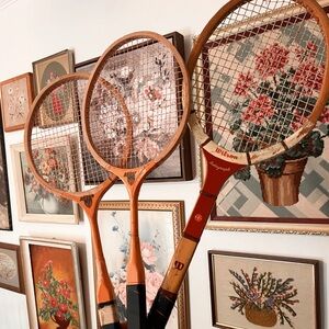 Set of 3 vintage retro boho wooden badminton/tennis rackets